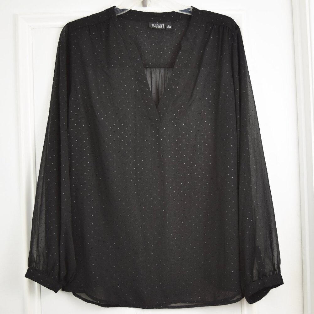 ANA Black Sheer Pullover Blouse Woman 1X Polka Dot Split Neck Monochrome Minimal